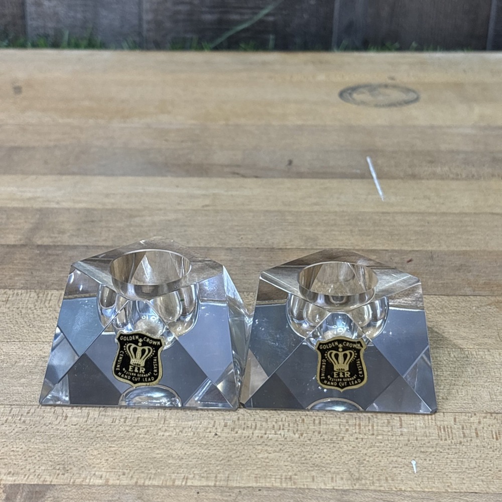 Vintage Golden Crown E&R Lead Crystal Candle Holders Pair West Germany Hand Cut